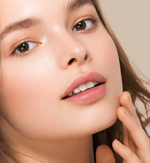 young girl with care beautiful healthy clean skin hand touching face color background brown 1
