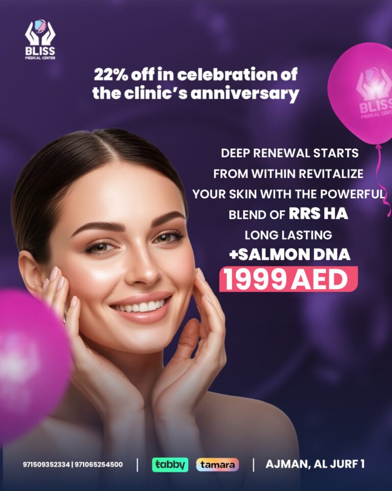 Deep skin renewal offer with RRS HA and Salmon DNA at Bliss Medical Center, the best dermatology clinic in Ajman.